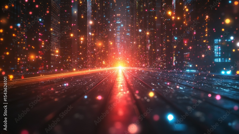 Obraz premium Futuristic city street bathed in vibrant light. A digital, glowing pathway through a network of illuminated skyscrapers, filled with particles of color