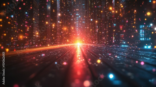 Futuristic city street bathed in vibrant light.  A digital, glowing pathway through a network of illuminated skyscrapers, filled with particles of color