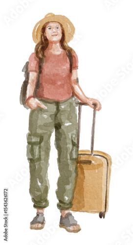 Hand painted watercolor woman traveler