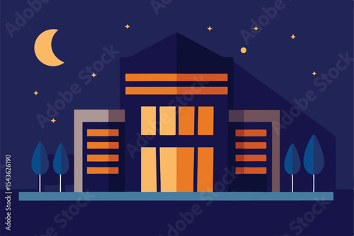 Office building at night with windows lit for late work hours  