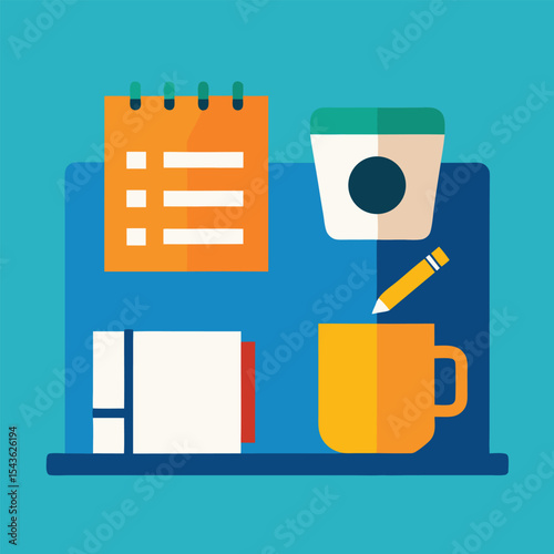 Office desk with coffee cup and daily planner book scene  