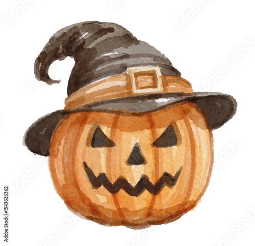 Hand painted watercolor halloween pumpkin with hat 