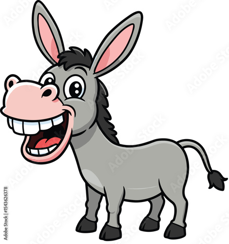Funny cartoon donkey smiling with big teeth, happy farm animal vector illustration, cute gray mule character, livestock clipart for kids, humorous animated style design artwork