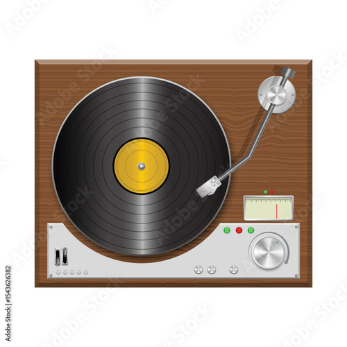 Turntable spinning vinyl record on wooden base with control panel.