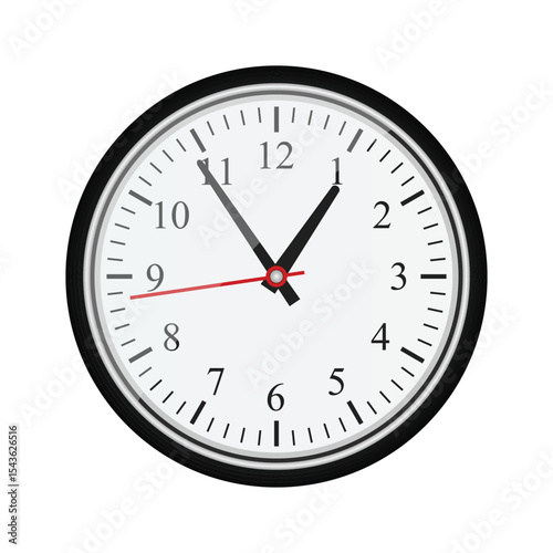A black-framed wall clock shows one o'clock, with second hand moving fast.
