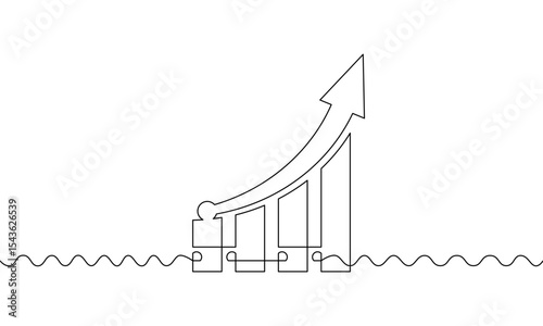 Continuousline drawing of graph with incrasing arrow up. Bar chart business growth. Illustratio vector of sign symbol. Single line art of flat icon. Object one line