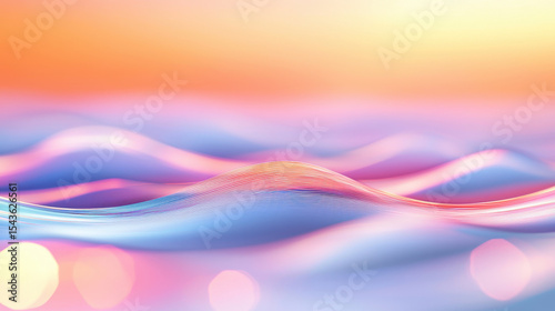 Colorful wavelike patterns create serene atmosphere, blending soft hues of pink, blue, and orange in dreamy landscape