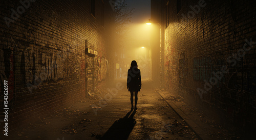 A woman walks alone down a dark foggy alley at night