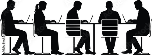 Business people working on laptops in office meeting, black silhouette illustration of teamwork, professional collaboration, group workplace setting, modern corporate environment vector art