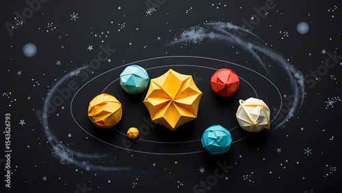 Paper Origami Planet System Floating in Space
