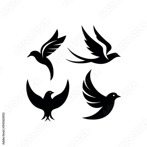 A collection of four elegant black bird silhouettes. Includes flying swallow and dove icons, perfect for modern brand identity.
