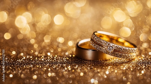 CloseUp of Two Golden Wedding Rings on a Glittering Gold Surface with Bokeh Lights