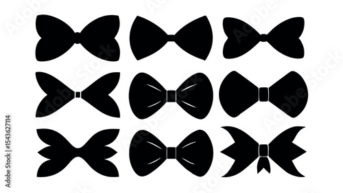 Set of nine black bow tie vector icons. A diverse collection of classic and modern necktie shapes isolated on white background.