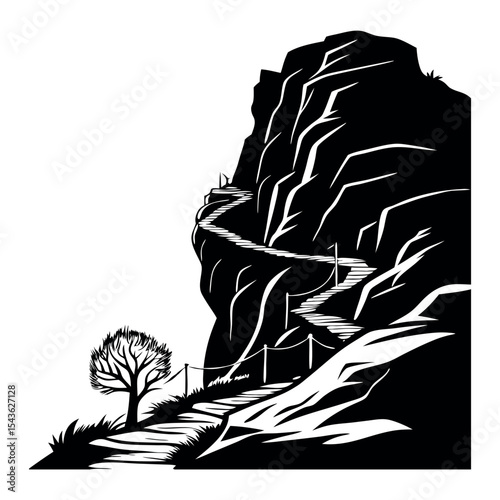 Graphic illustration of a narrow winding path up a steep rocky cliffside, representing a journey of challenge and perseverance