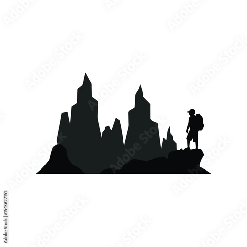 Silhouette of a Hiker Contemplating Majestic Mountain Peaks A Black and White Illustration of Adventure and Exploration