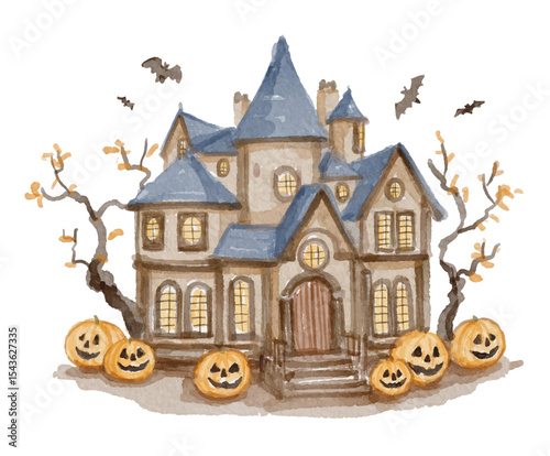 Hand painted watercolor halloween haunted house