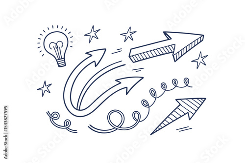 Hand-Drawn Arrows, Lightbulb, and Stars Doodle Illustration for Ideas, Direction, and Creativity