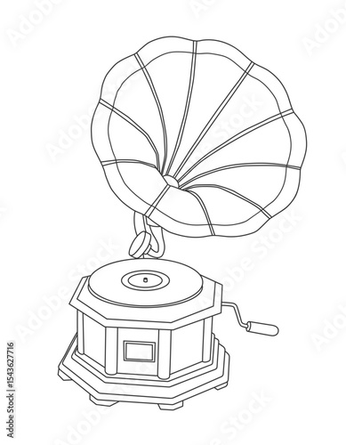 Vintage gramophone vinyl record player, line art vector illustration