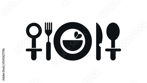 Black food and drink icon with spoon, fork, bowl vector symbol perfect for restaurant, menu, food delivery, and culinary themed projects.