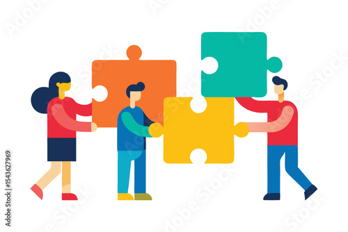 Team solving jigsaw puzzle to build strategic business plan  
