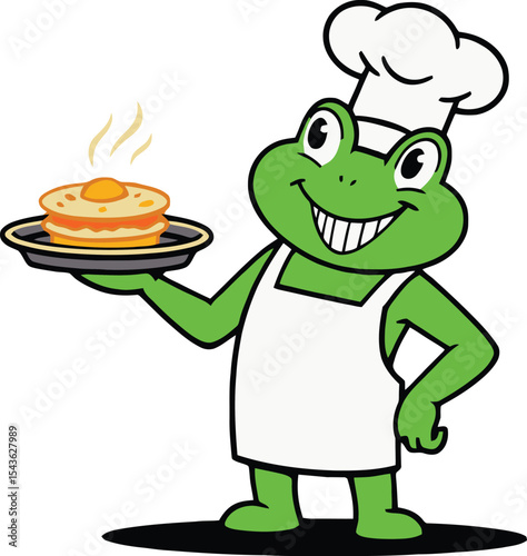 Mascot of Frog Chef character with a cake. 