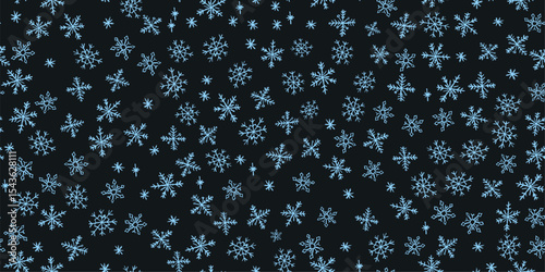 Christmas kindergarten seamless pattern of quirky blue snowflakes. Blackboard style with wax and charcoal squiggle texture for Xmas wrapping, prints and decorations. Vector card illustration