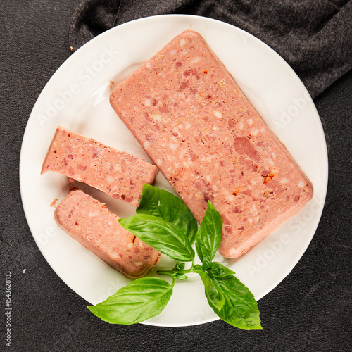 Pate meat peppers pork liver, pork meat riyet fresh delicious gourmet food background on the table rustic food top view copy space