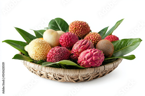 Tropical fruit basket featuring lychees, longans, and other exotic fruits, beautifully arranged with green leaves