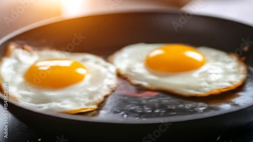 Two fried eggs are prepared in a frying pan in a close up shot for a breakfast meal