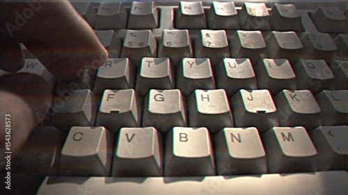 Computer engineer developer is working on old vintage computer 1990s. Antique classic pc keyboard and programmer typing hands. Internet web digital startup history. Outdated retro technology concept