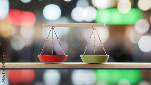 Balanced scale with red and green bowls symbolizes value and price affordability market setting, evoking sense of fairness