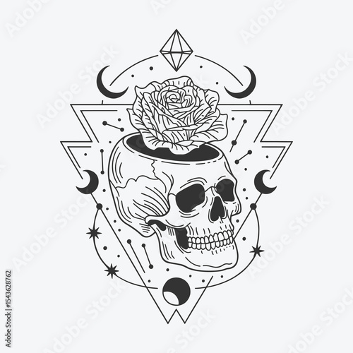 Skull with Rose Growing from Cranium – Celestial and Geometric Spiritual Art Illustration