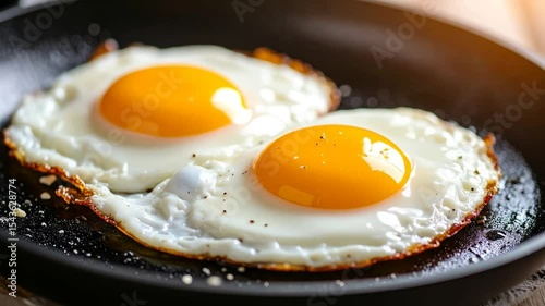 Two Sunny Side Up Eggs Cooking in a Frying Pan, Perfect Breakfast Dish Idea