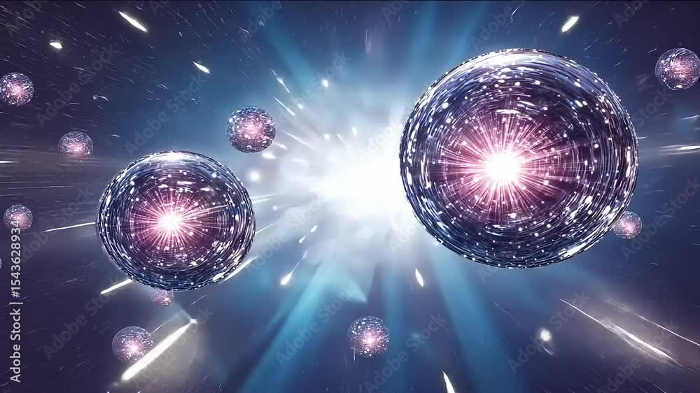 Cosmic expansion through glowing spherical structures, deep space exploration effect