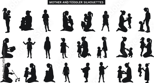 Collection of mother and toddler silhouettes showing parenting, childhood, bonding, nurturing, interaction, love, care, growth, play, and daily family moments in vector illustration.