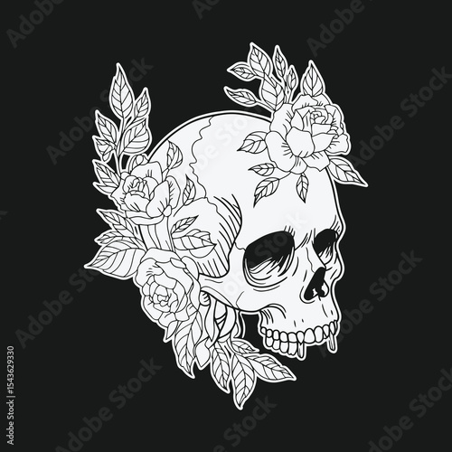 Intricate Skull Surrounded by Elegant Roses and Leaves – Modern Floral Skeleton Artwork