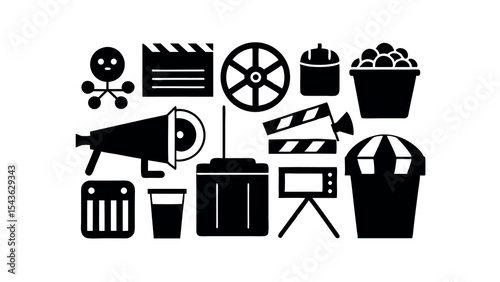 Movie Production Icons Film Reel, Clapperboard, Popcorn, Megaphone, and More – Black and White Vector Illustrations