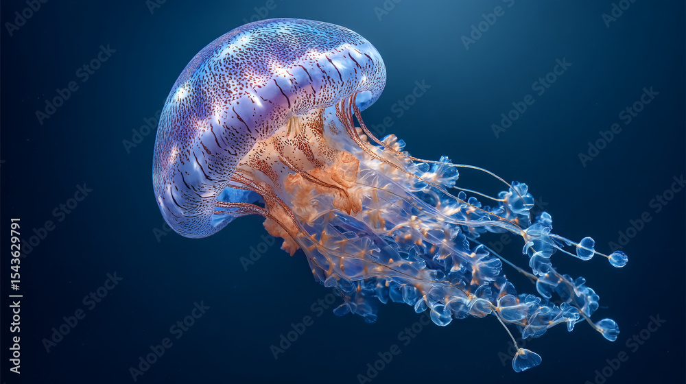 Fototapeta premium A jellyfish with a purple and blue bell and orange tentacles floating in dark blue water space