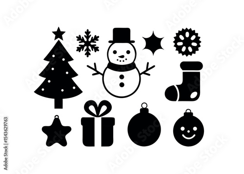 Collection of Simple Black and White Christmas Icons Snowman, Tree, Stars, Gifts, Ornaments, and More – Perfect for Holiday Designs