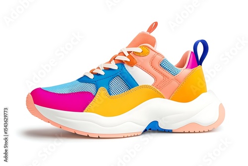 Colorful Fashion Sneaker with Thick White Sole and Mesh Details, Isolated on White Background