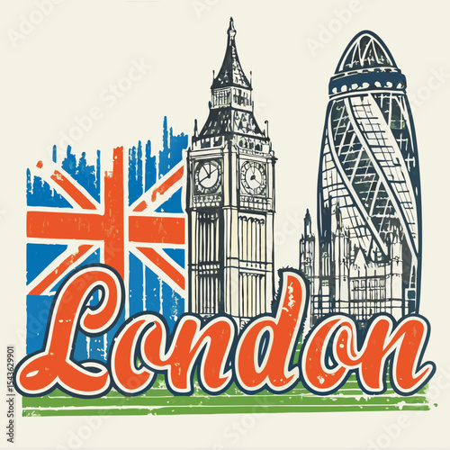 London City Landmark Illustration – Big Ben, British Flag & Iconic UK Vector

