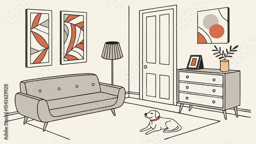 Modern living room interior design with sofa art and dog illustration for home decor ideas style