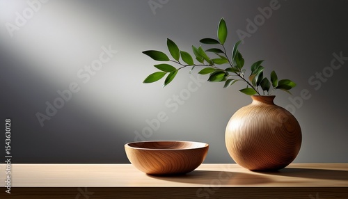 serene still life a tastefully composed still life featuring a minimalist vase with a sprig of greenery a decorative wooden bowl with an orb