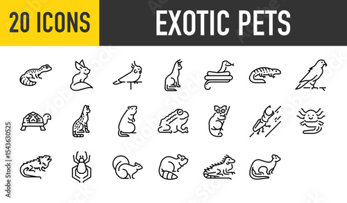Set of 20 Exotic pets vector. such as Leopard Gecko, Animal, Cute, Sulcata, Frog, Bushbaby, Horned Beetle, Pogona illustration.	
