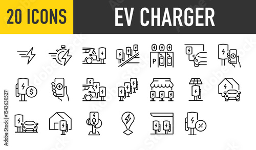 Set of 20 Ev charger vector icons. such as Car, Power, Home, App, Location illustration.	
