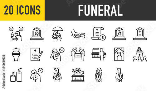 Set of 20 Funeral vector. such as Care, Dog, Cry, Flower, Cat, Business, Monument, Dead, Paper, Death, Mourn, Photo, Religious, Light, Crying, Memorial, Woman, Man illustration.	
