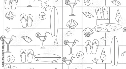 Summer themed pattern with surfboards cocktails seashells and flipflops in line art.