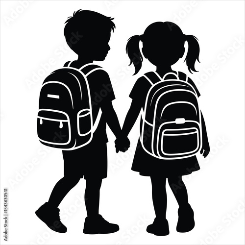 Siblings Holding Hands with School Bags on white background