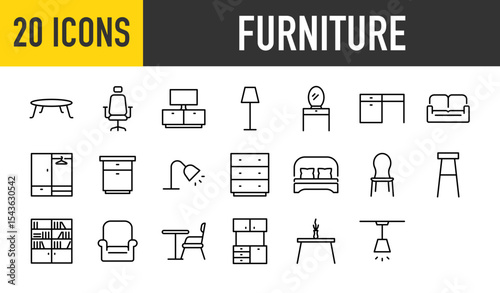 Set of 20 Furniture vector. such as Sofa Table, Office, Cabinet, Light, Multifunctional Tables, Sofa, Appliance, Chests Of Drawers, Drawer, Book, Cooking, Pendants illustration.	
