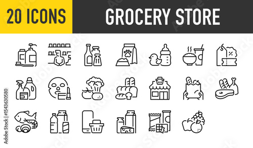 Set of 20 Grocery store vector. such as Cleaning , Shop, Cooking, Food, Baby, Product, Health, Market, Bag, Drink, Shopping, Cheese, Fruit illustration.	
